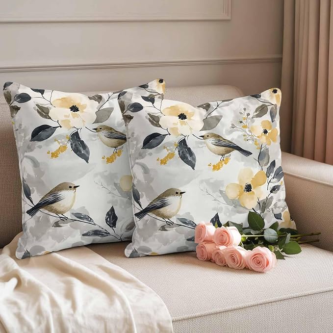 Outdoor Pillow Covers 18x18 Pack of 2, Abstract Bird Floral Artwort Decorative Pillow Cover Waterproof Pillowcase, Country Pastoral Style Farmhouse Cushion Covers for Garden Patio Sofa Couch Bench