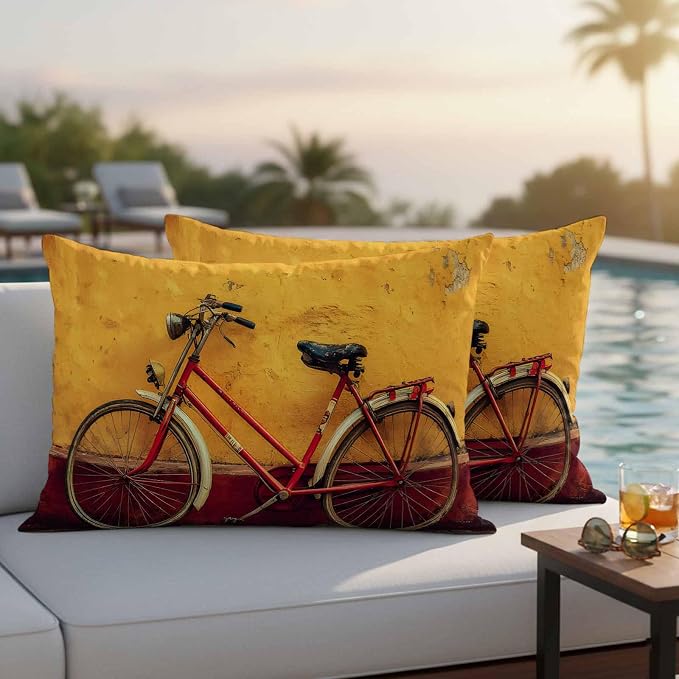 Bicycles Outdoor Pillow Covers 20x12 Inch Lumbar Pillow Covers Set of 2 Waterproof Decorative Throw Pillow Cases Farmhouse Vintage Vehicle Yellow Broken Walls Cushion Covers for Patio Furniture Garden