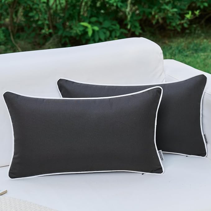 LIGICKY Pack of 2 Black Outdoor Waterproof Lumbar Throw Pillow Covers Decorative White Edge Rectangle Pillows Cushion Case Outside Pillowcase for Patio Couch Tent Sunbrella ((12x20 inch)
