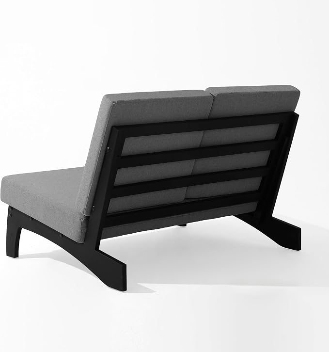 Outdoor Furniture Patio Couch, Weather Resistant Patio Loveseat Sofa Couch with Removable Cushion & Pillows, Black Wood Frame for Porch & Backyard Seating - Grey