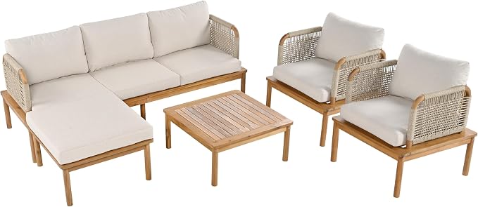 Virubi 5-Piece Acacia Wood and Rope Patio Sofa Set, Water-Repellent Cushions, Wide Deep Seats with 3-Seater, 2 Club Chairs, Ottoman & Table, Outdoor Conversation Set for Patio Garden