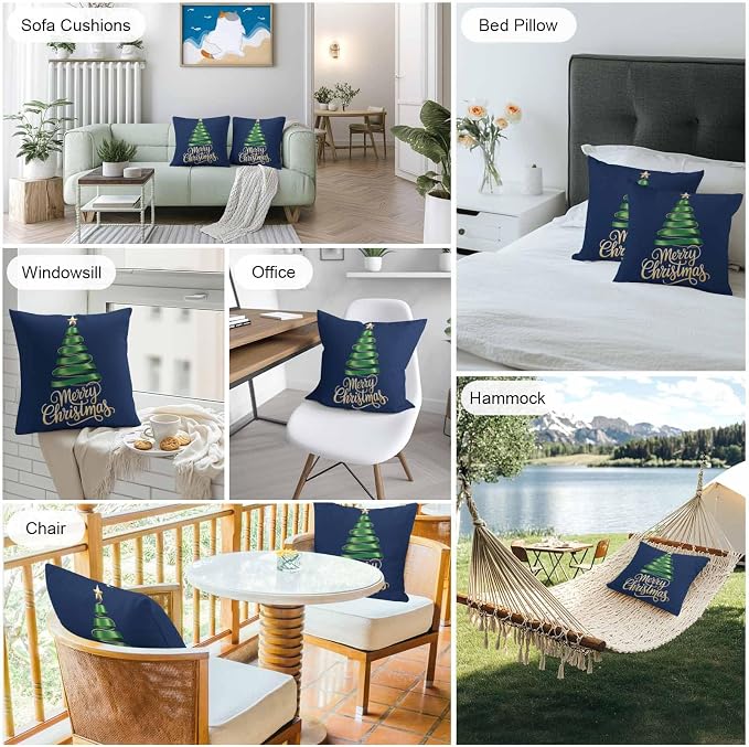 Navy Blue Christmas Tree Outdoor Pillow Covers 16 x 16 Inches, Green Xmas Tree with Star Waterproof Throw Pillow Cover Set of 2, Christmas Blue Decorative Square Cushion Covers for Patio/Couch