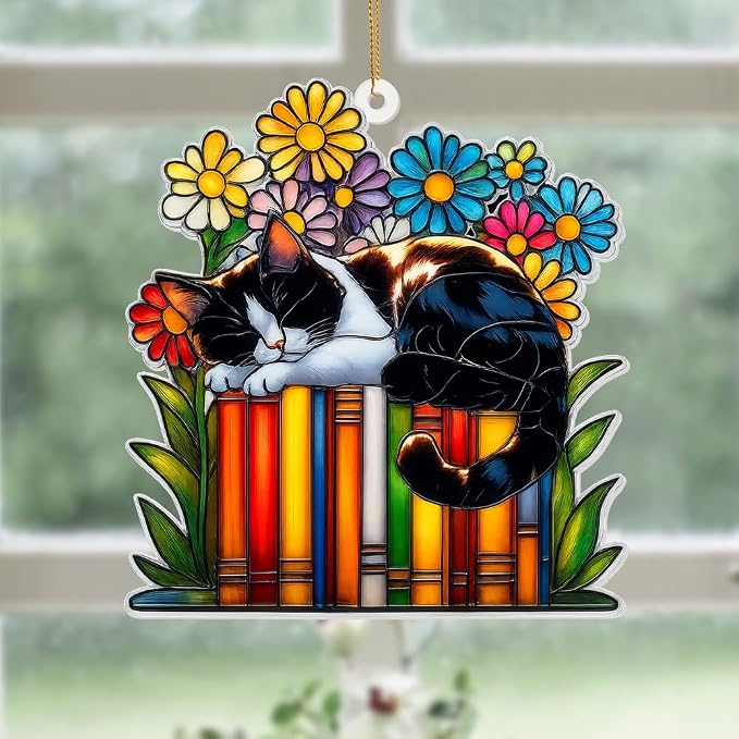 Cat Book Ornament – Stained Glass Style Acrylic Christmas Ornament, Book Lover Gifts for Women, Teacher & Librarian Holiday Decorations, Bookworm Fantasy Ornament for Reading Nook or Tree(Sun-16)