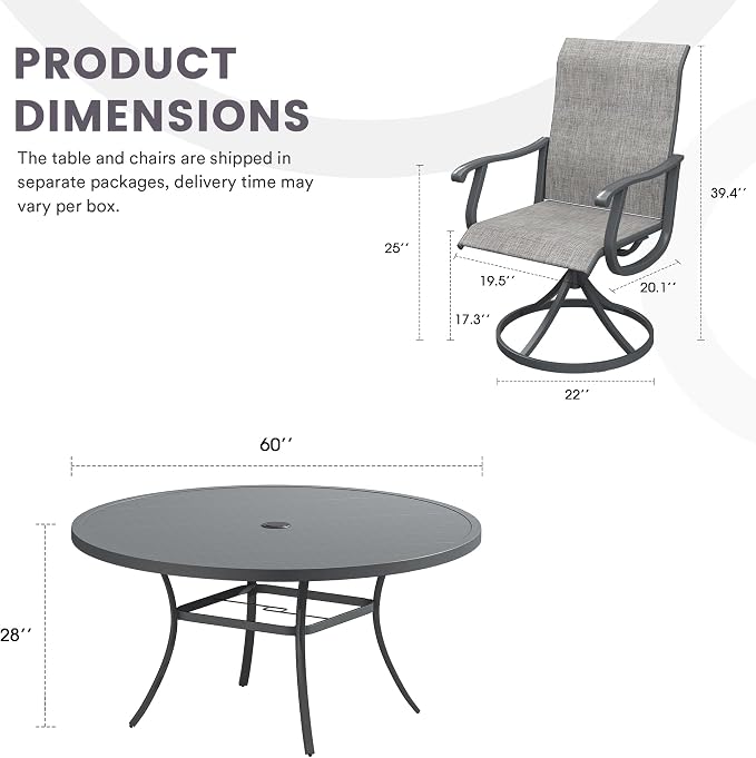 9 Pieces Patio Furniture Dining Set, 8 Textilene Swivel Dining Chairs, 60" Outdoor Round Metal Table with 1.57" Umbrella Hole, Outdoor Dining Set for Porch, Lawn, Garden, Dark Grey/Grey
