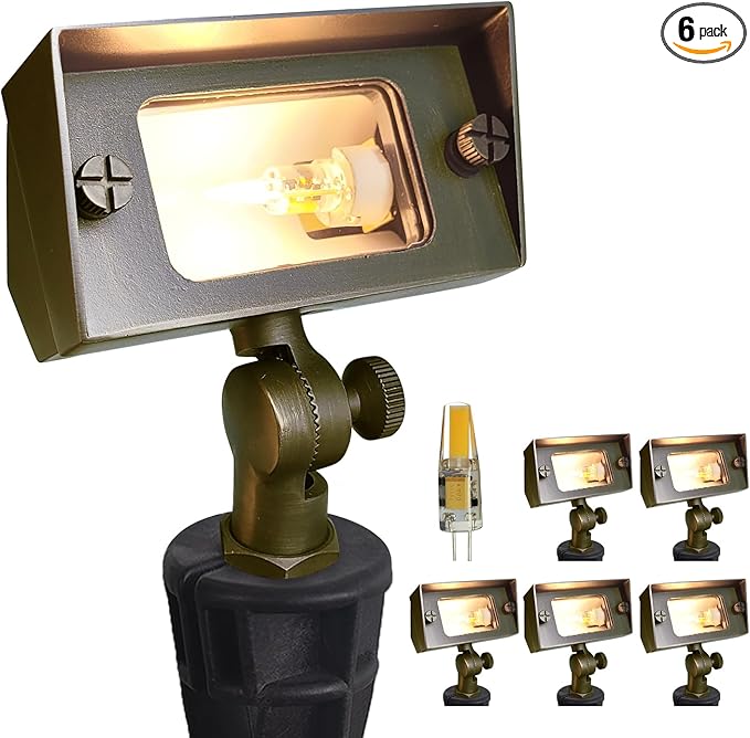COLOER Brass Small Rectangular Flood Lights Outdoor 6 Pack with 3W 2700K Warm White LED G4 Bulb, 12V Low Voltage Landscape Outside Lights for House Illuminating Signs, Walls and Tree
