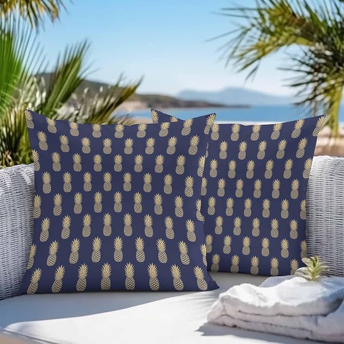 Summer Pineapple Outdoor Pillow Covers Waterproof,All Weather Cushion Case Set of 2 Decorative Pillowcases for Sofa Couch Bed Decor Patio Furniture 18"x18" Tropical Fruit Geometric Navy Blue