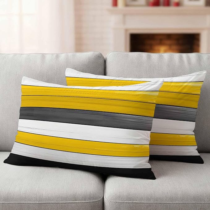 Yellow Black Outdoor Pillow Covers 20"x12" Set of 2, Striped Gradient Wood Grain Modern Art Waterproof Throw Pillow Covers for Patio Furniture, Decorative Cushion Covers for Porch