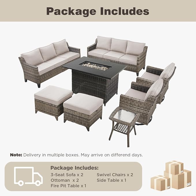 Belord Patio Wicker Swivel Rocker Patio Chairs with 3-Seater Sofa and 42.5" Fire Pit Table, Outdoor Furniture Set for Deck Porch Poolside, 8 Piece Patio Conversation Furniture Set,Beige