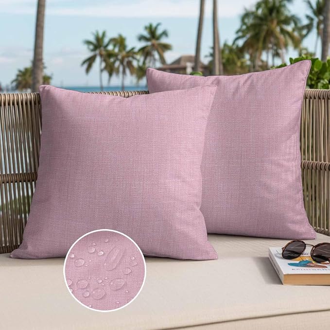 Pack of 2 Waterproof Outdoor Pillow Covers 18x18 Inch Decorative Pillow Covers Pink Burlap Texture Throw Pillowcases Farmhouse Vintage Pink Outdoor Cushion Cover for Couch, Patio, Tent