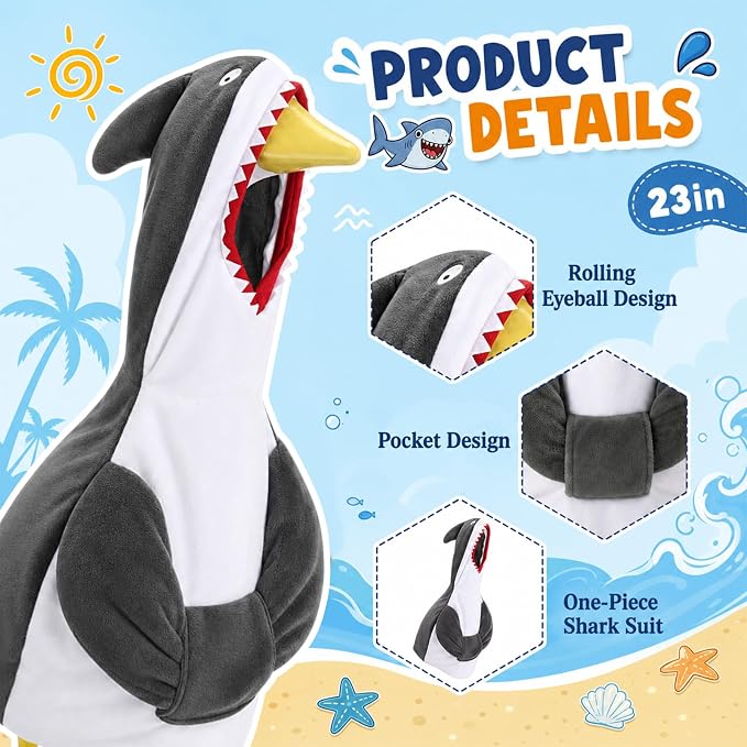 Shark Porch Goose Outfit Cute Gray Shark Goose Costume with 3D Fin Design for 23" Gooses Statue Decoration Patio Yard Garden Lawn Outdoor Decors