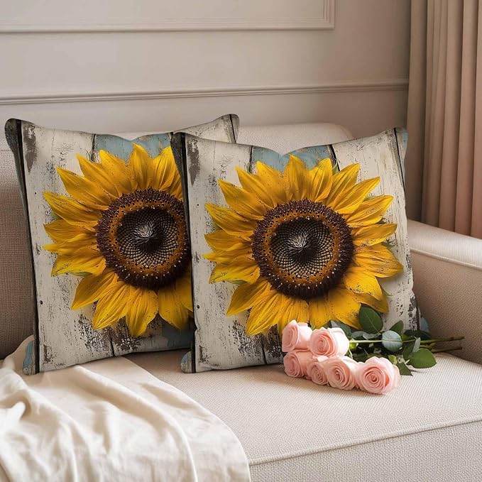 Vintage Sunflower Waterproof Outdoor Pillow Covers Set of 2 Home Decor, Farmhouse Wooden Botanical Floral Pillowcase Patio Pillow Covers for Couch Bench Furniture Garden 24x24in