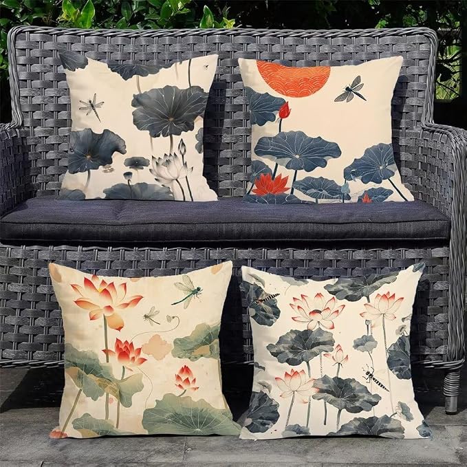 Outdoor Pillows, 4 Packs Waterproof Modern Square Garden Decor Couch Cushion Covers, Floral Pattern, 14x14 Inch, Colorful, Home & Outdoor Use