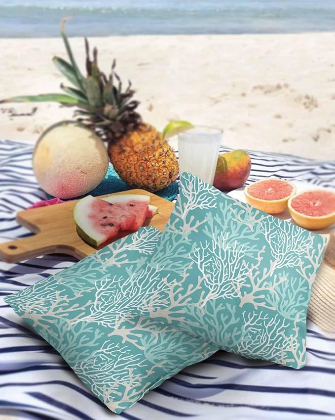 Pack of 2 Outdoor Pillow Covers 18x18 Waterproof Aqua Teal Coral Coastal Throw Pillow Covers, Decorative Pillowcases Nautical Ocean Marine Organism Cushion Covers for Patio Garden Couch Pillow Case