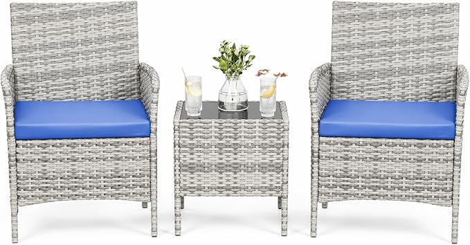 GAOMON 3 Pieces Patio Furniture Sets, Outdoor PE Rattan Porch Chairs with Soft Cushion and Glass Coffee Table, Outdoor Furniture Sets for Backyard Porch Poolside, Gray and Blue