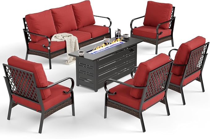 SUNSHINE VALLEY 6 Piece Metal Outdoor Patio Furniture Sets with Firepit Table, Patio Conversation Sets 1 3-Seater Sofa, 4 Single Sofa with 5.75" Extra Cushion Backyard Furniture for Deck, Rust Red
