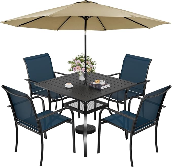 SUNCROWN 6 - Piece Outdoor Dining Set, Patio Furniture Set with 4 Textilene Dinning Chairs, 1 Steel Slat Metal Bistro Table and 1 Brown 9Ft Patio Umbrella for Lawn Garden Backyard Deck, Blue