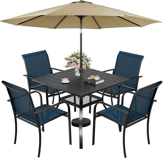 SUNCROWN 6 - Piece Outdoor Dining Set, Patio Furniture Set with 4 Textilene Dinning Chairs, 1 Steel Slat Metal Bistro Table and 1 Brown 9Ft Patio Umbrella for Lawn Garden Backyard Deck, Blue