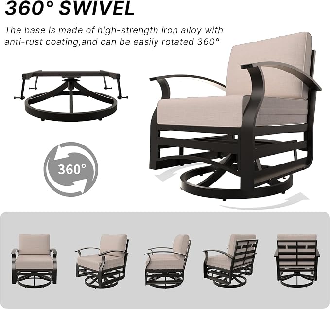 Gotland Outdoor Aluminum Patio Furniture Set with Fire Pit Table, 7 Pieces Metal Patio Furniture with 2 Swivel Rocking Chairs 11 Seats Waterproof 5.1'' Seat Cushions, for Garden Balcony Porch Khaki