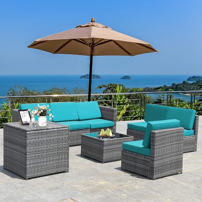 RELAX4LIFE 8-Piece Patio Furniture Set - PE Wicker Conversation Set w/Soft Cushions & Tempered Glass Storage Table, Outdoor Sectional Sofa Set for Garden, Poolside, Backyard (Turquoise)