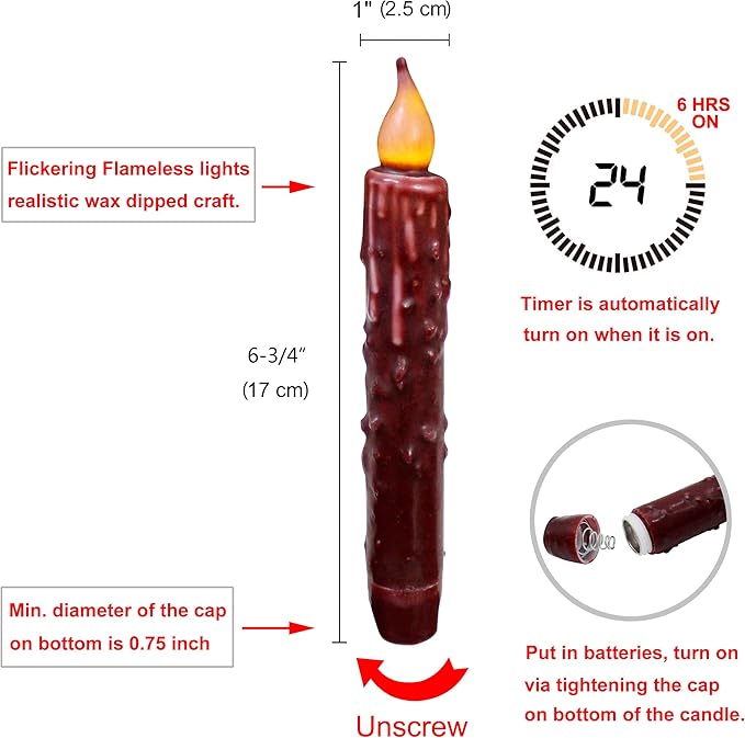 CVHOMEDECO. Real Wax Hand Dipped Battery Operated LED Timer Taper Candles Country Primitive Flameless Lights Décor, 6-3/4 Inch, Burgundy, 3 PCS in a Package