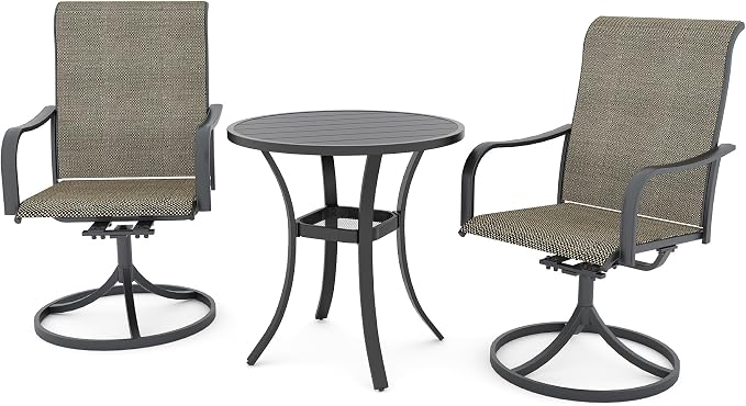 Anmutig 3-Piece Outdoor Patio Dining Set, 27.5" Black Round Table with 2 Swivel Rocking Patio Chairs Furniture Set for Kitchen Garden, Backyard, Light Tan