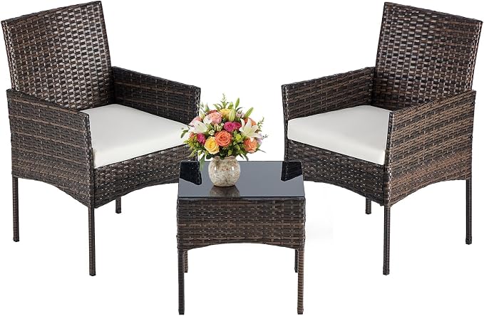 DUMOS 3 Piece Patio Furniture Set, All-Weather Outdoor Wicker Chairs with Removable Cushions & Tempered Glass Table, Small Bistro Set for Porch, Balcony, Lawn, Backyard Brown