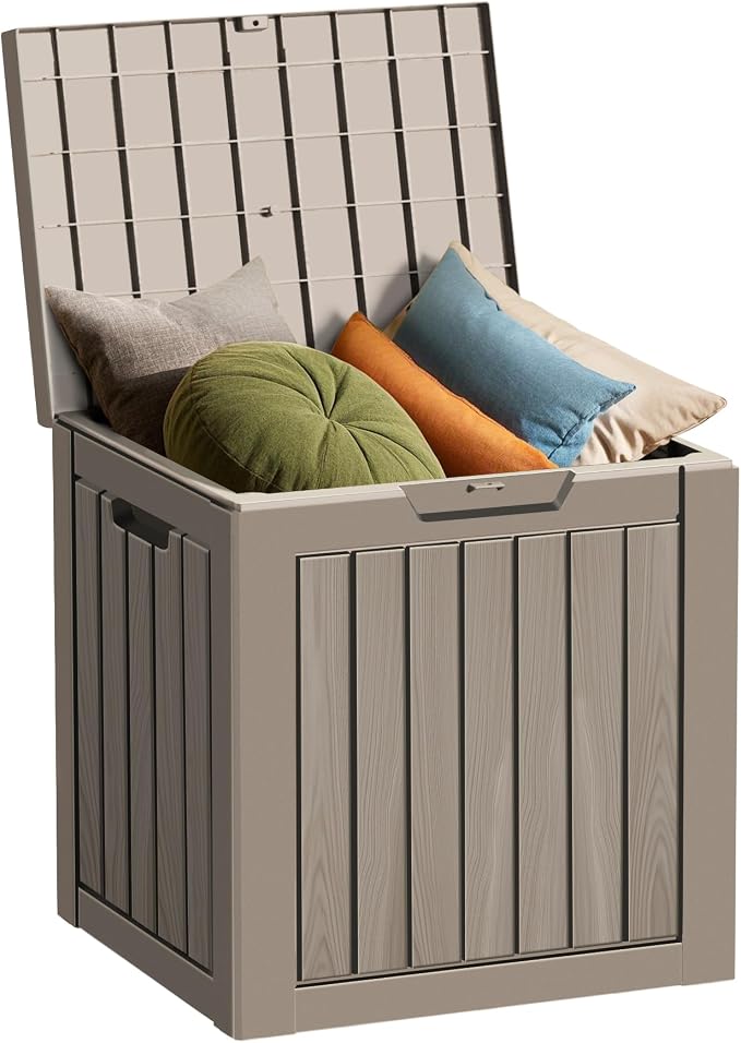 TARKARI 35 Gallon Small Waterproof Outdoor Storage Box, Resin Deck Box Lockable for Patio Furniture, Garden Tools, Pool Accessories, UV-Resistant for All Weather Use, Greige
