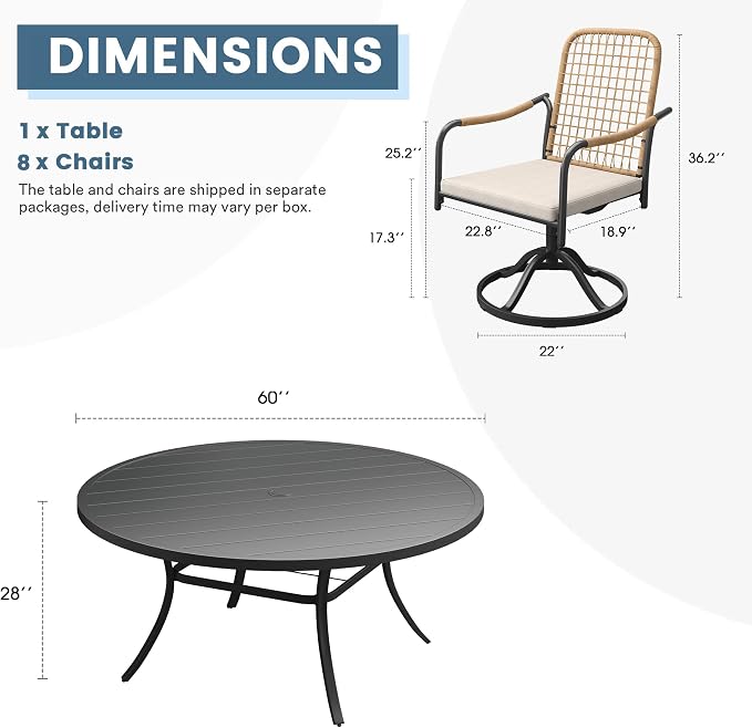 DIFY 9 Pieces Outdoor Dining Set for 8, 60" Round Dining Table with Umbrella Hole & Wicker Swivel Patio Chairs with Cushions, Metal Patio Table and Chairs Set for Backyard Porch Garden, Black