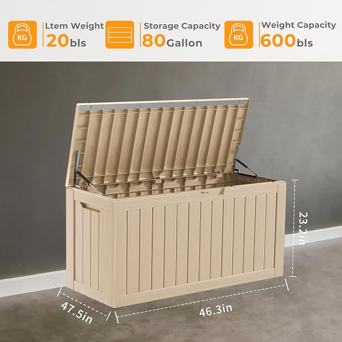 Outdoor Deck Box Waterproof Resin Storage Box with Lockable Indoor Outdoor Storage Bin for Patio Cushions,Patio Furniture, Gardening Tools,Pool Accessories (80 Gal Grey)
