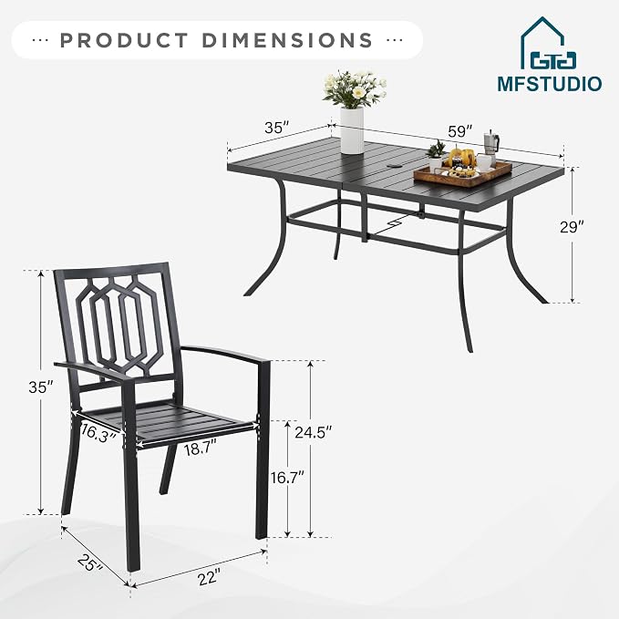 MFSTUDIO Patio Table and Chairs Set, Outdoor Dining Set for 6 with Umbrella Hole, 7 Piece Metal Patio Dining Set for Deck, Backyard, Poolside & Garden