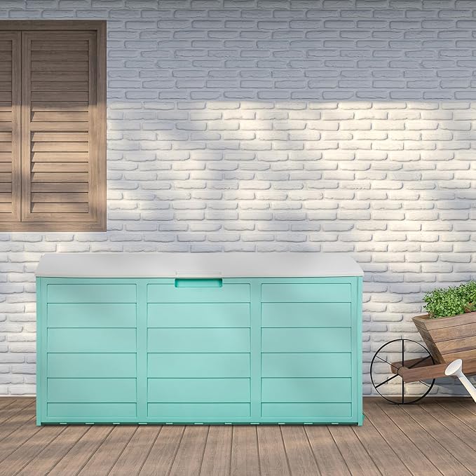 75 Gallon Large Outdoor Storage Box, Indoor and Outside Deck Box with Lockable Design Lids, Waterproof Resin Storage Containers Bin for Garden Garage Patio Poolside Toy Storage White & Green