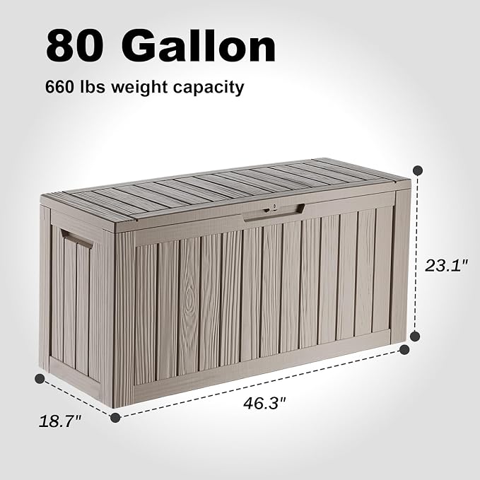 Outdoor Deck Box Waterproof Resin Storage Box with Lockable Indoor Outdoor Storage Bin for Patio Cushions,Patio Furniture, Gardening Tools,Pool Accessories (80 Gal Grey)