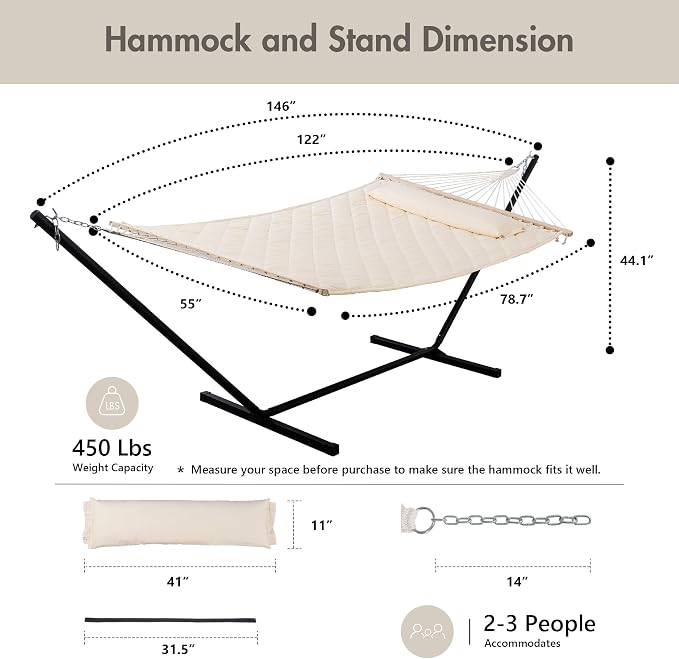 ANOW Outdoor Hammock with 12 Feet Heavy Duty Steel Stand, Two Person Hammock with Stand Included, 450 LBS Weight Capacity, Cream