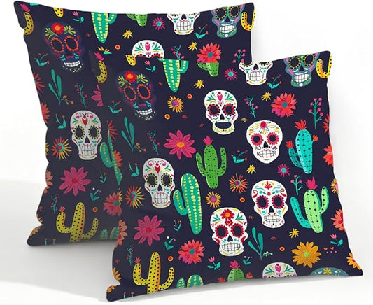 22x22 Inch Outdoor Pillow Covers Set of 2 Waterproof Throw Pillow Covers Decorative Couch Cushion Covers Mexican Skulls Cacti Flowers Square Pillowcases Protectors for Patio Garden Sofa
