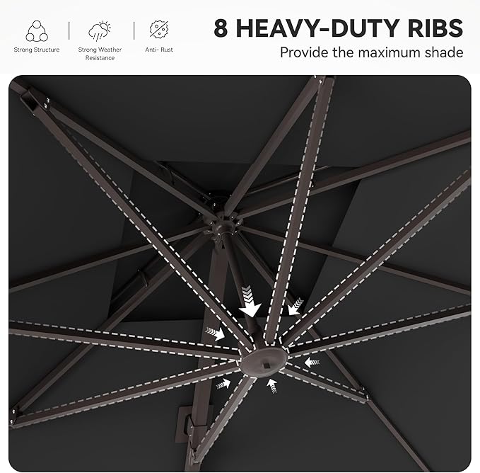 GENTEACO 10X10 FT Cantilever Umbrella, Large Offset Patio Umbrella with Double Top, 6 Angle Tilts & 360° Rotation, Large Square Sun Umbrellas for Outdoor Patio Pool Deck Market, Black