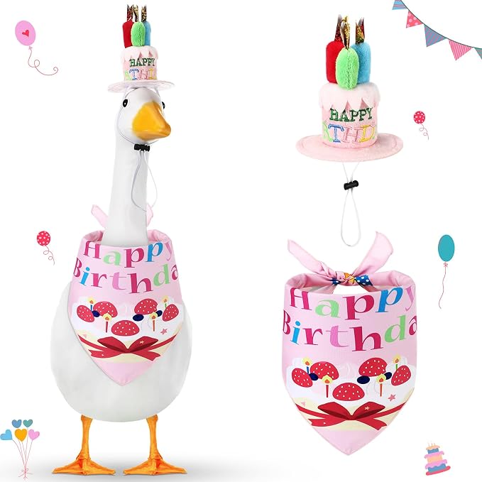Dansydaisy Happy Birthday Goose Outfit Porch Goose Outfits with Happy Birthday Cake Hat and Bandana Yard Geese Outfits for 23" 17" Cement Plastic Geese Duck Decorations(Style 2,Pink)