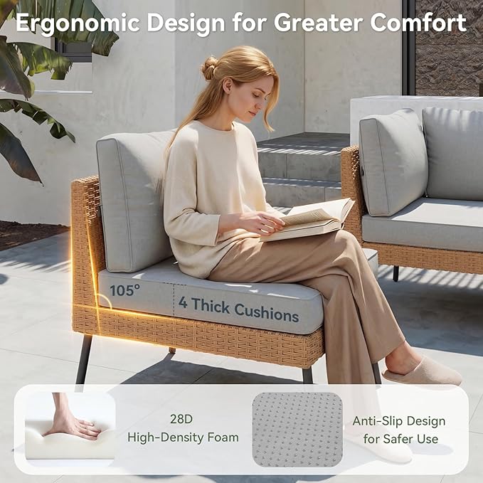 Aoxun Patio Furniture Set, 7 Piece Outdoor Sectional Sofas with Thick Cushion, Wicker Outdoor Patio Furniture Set with Coffee Table for Party, Garden, Backyard, Grey