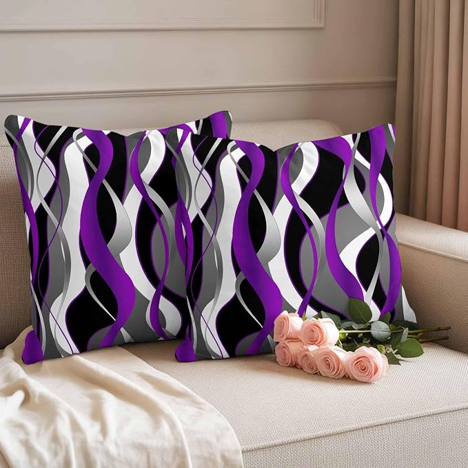 Outdoor Pillow Covers Set of 2, Modern Purple Grey Black Stripes Decorative Throw Pillow Covers 16X16IN, Gradient Abstract Art Throw Pillows Protector Cushion Case for Patio,Couch,Sofa,Garden