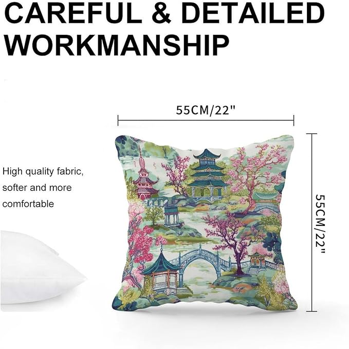 Cushion Cases Chinoiserie Pagoda White Coral Blue Asian Pillowcase Abstract Chinoiserie Chic Asian Pillow Cover Accent Decorative Cushion Covers Home Decor for Patio Garden Chairs 22x22 in