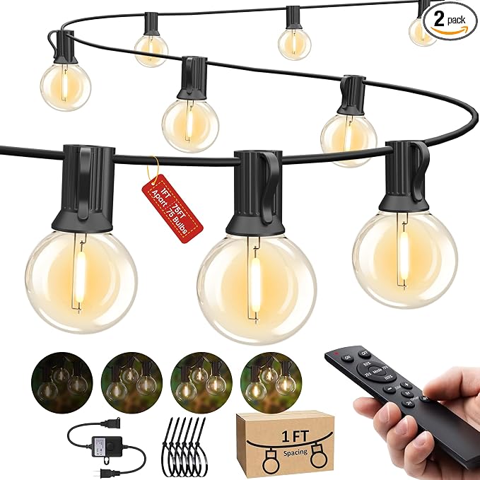 Outdoor String Lights Waterproof 75FT (1FT Bulbs Spacing) Remote for Patio | Connectable Outside Lighting Remote Dimmable,3 Modes,Timmer with 75 Plastic Globe Bulb for Backyard Bistro Porch Garden Fence