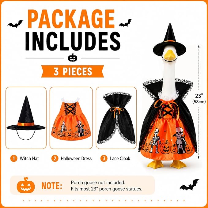 STONESTAR Halloween Porch Goose Outfits for 23'' Lawn Geese Statue Goose Costume with Pumpkin Dress Witch Hat Lace-Trim Cape, Outdoor Garden Goose Decor for Patio Yard Lawn Art Halloween Ornament