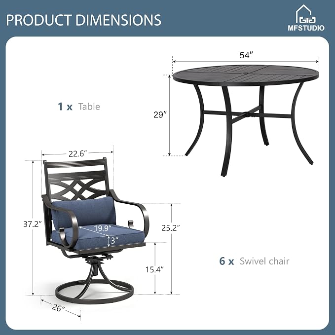 MFSTUDIO 7-Piece Patio Dining Set, 54" Round Metal Table, Swivel Chairs | Umbrella Hole, Blue