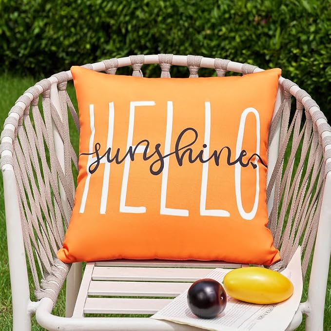 DFXSZ Orange Outdoor Waterproof Pillow Covers 16x16 Set of 2 | Hello Sunshine Decor Summer Fall Polyester Pillow Covers(NO INSERTS)| Decor for Patio Funiture Garden Sofa Couch