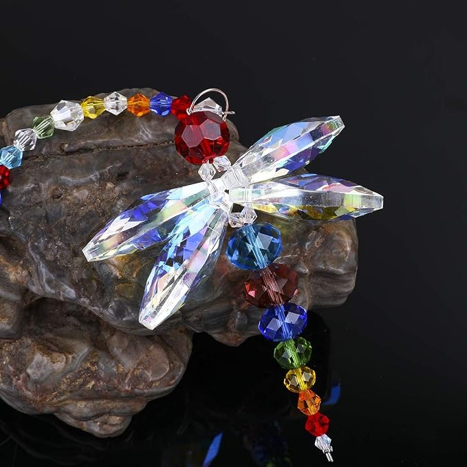 Crystal Dragonfly Suncatcher Rainbow Maker Window Hanging Pendant Decor | Dragonfly Crystal Prism Suncatcher Rainbow Light Catcher Feng Shui Pendant for Window Car Rear View Mirror Home Garden Decor