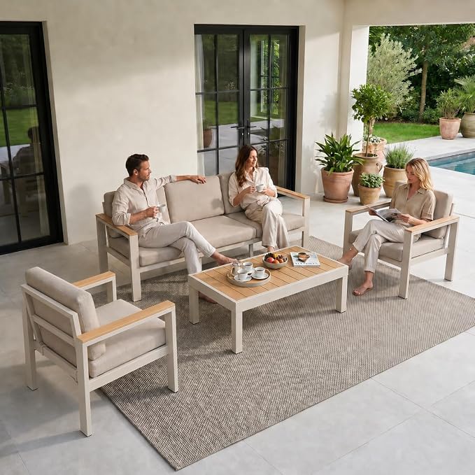 Outdoor Patio Furniture Set, 4-Piece Aluminum Conversation Set with 3-Seat Sofa, 2 Chairs and Coffee Table, 5-Inch Water-Resistant Cushions for Backyard, Deck, Poolside, Beige