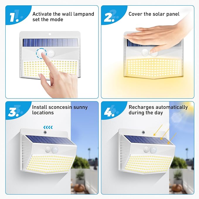 Solar Outdoor Lights, [4 Packs] Motion Sensor Security Lights with 3 Lighting Modes Wall Lights Waterproof Solar Powered Lights for Garden Yard, White Warm