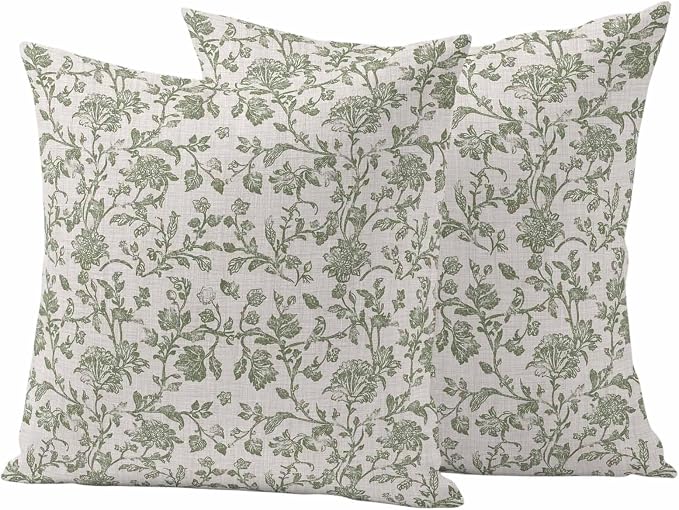 Pastoral Flowers Outdoor Pillow Covers 24"x24" Set of 2, Green Flower Vintage Linen Texture Waterproof Throw Pillow Covers for Patio Furniture, Decorative Cushion Covers for Porch