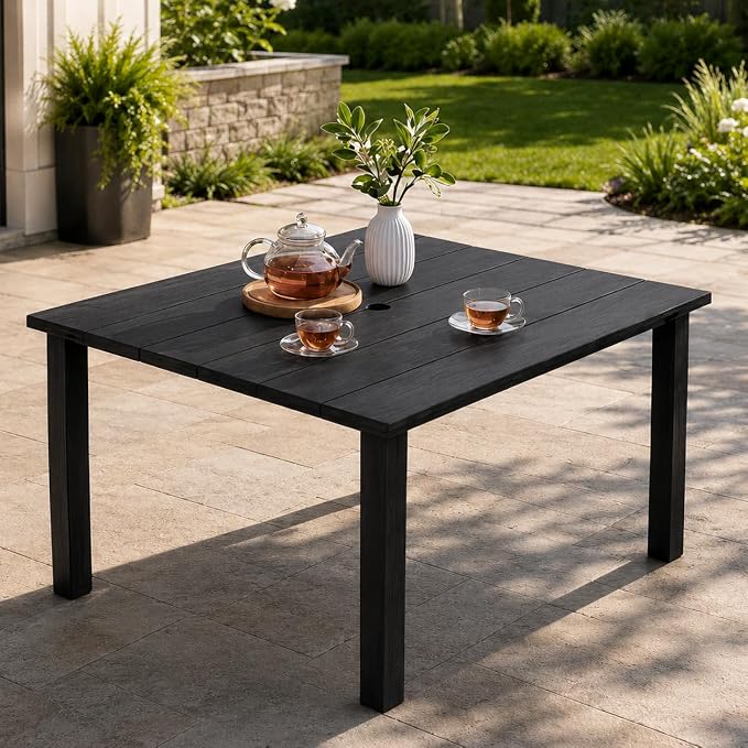 HDPE Outdoor Dining Set for 4, Square Table & Chairs Set | • All-Weather Polywood Composite • 410 lbs Heavy-Duty Support • Built-In 2" Umbrella Hole • Easy Soap-Water Wash