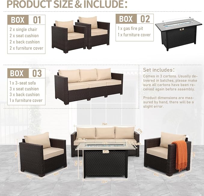 Rattan Star Outdoor Furniture Sets Patio Couch Outdoor Chairs 50000 BTU Propane Fire Pit 4 Pcs Patio Furniture Set 45In Fire Pit Table with No-Slip Cushions and Waterproof Covers, Khaki