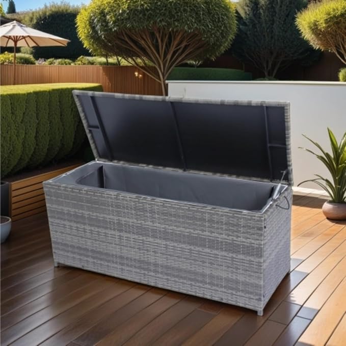 113 Gallon Outdoor Waterproof Large Wicker Deck Box with Lids Indoor Storage Bench Storage Cabinet for Patio Furniture Cushions, Packages, Pillows and Garden Tools, Gray